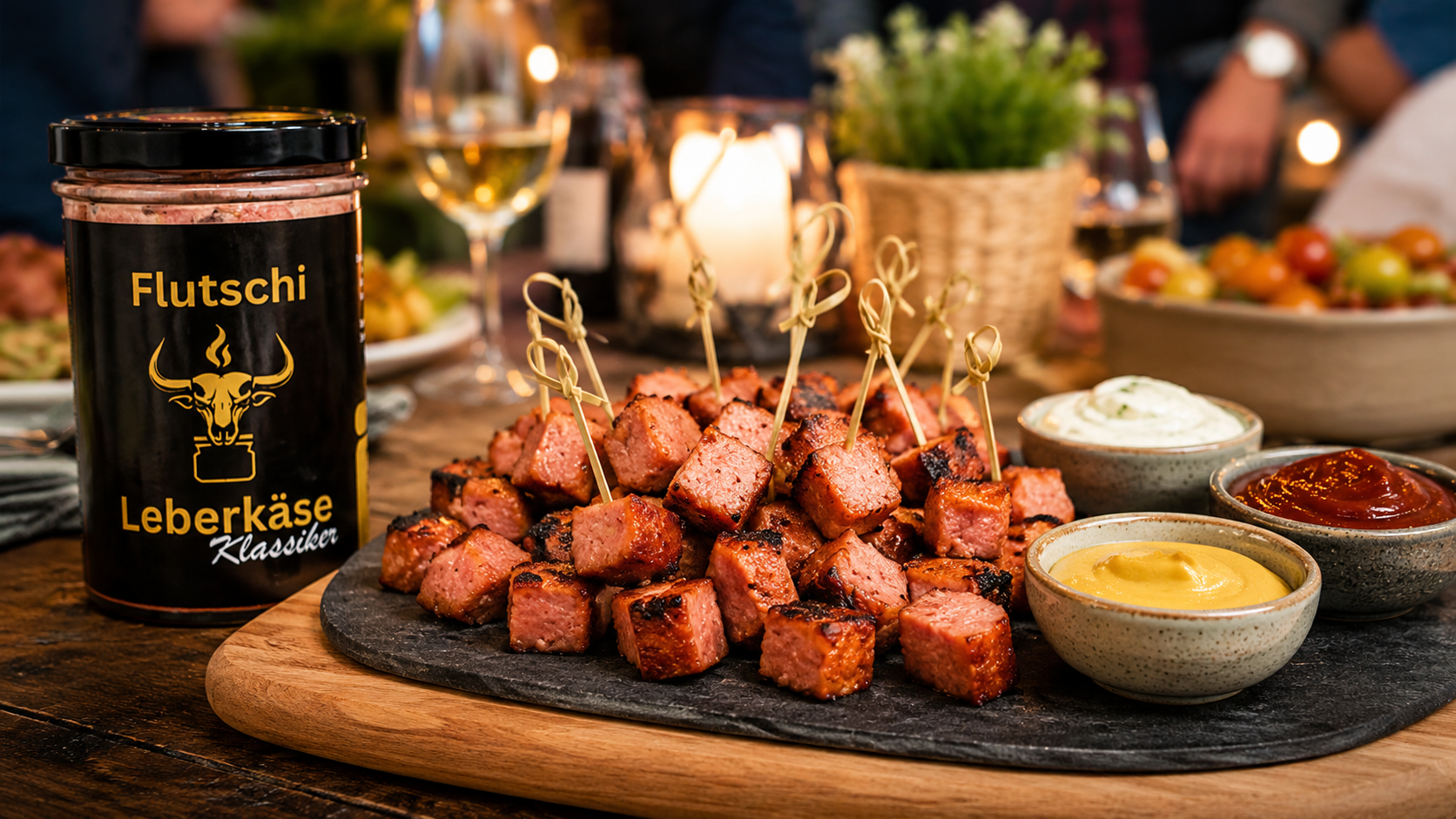 Leberkäse-Würfel als Partysnack mit drei Dips