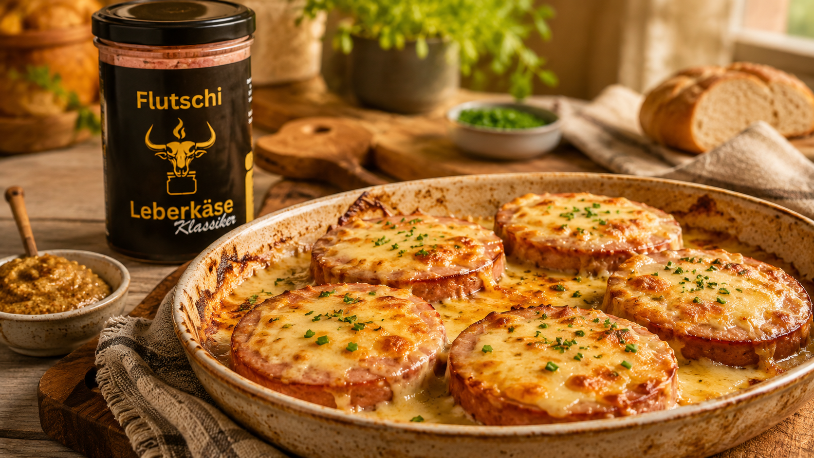 Knuspriger Leberkäse aus dem Ofen mit Käse überbacken